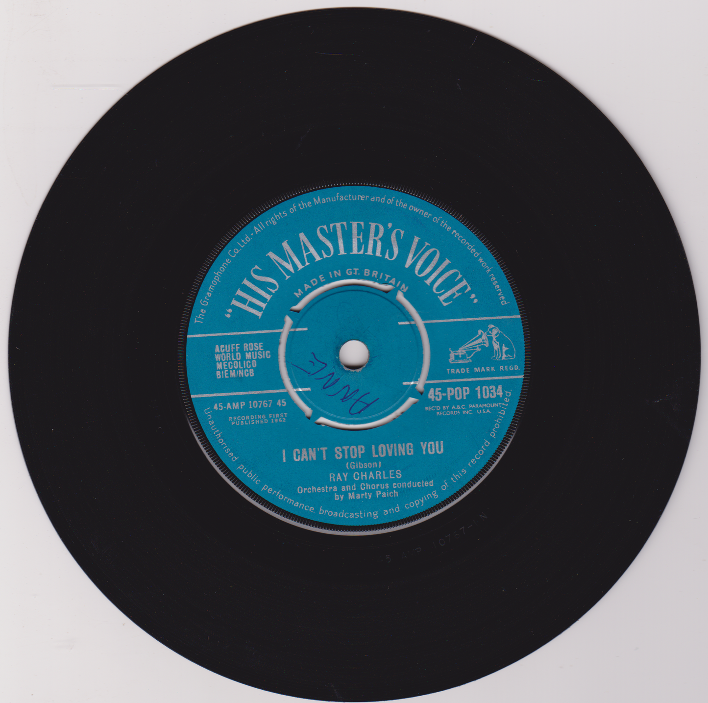 Ray Charles – I Can't Stop Loving You (HMV 1962) 7" vinyl single VG/-