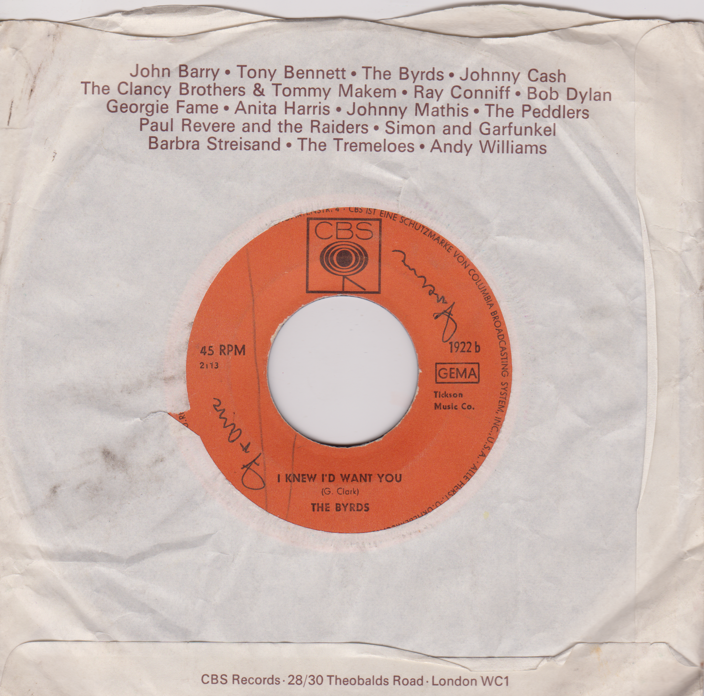 The Byrds – Mr. Tambourine Man (CBS 1965) 7" vinyl single G/- Germany jukebox