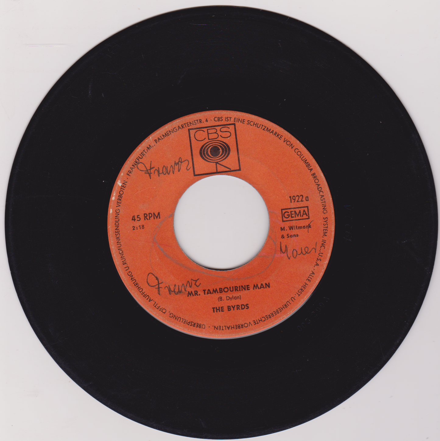 The Byrds – Mr. Tambourine Man (CBS 1965) 7" vinyl single G/- Germany jukebox