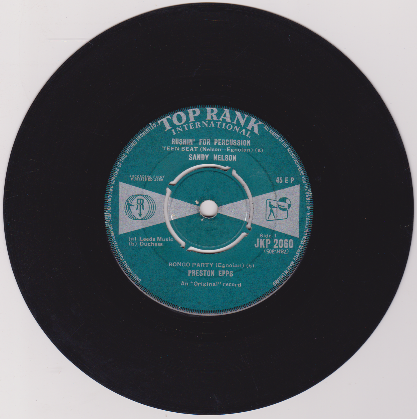 Sandy Nelson / Preston Epps – Rushin' For Percussion (Top Rank 1955) 7" vinyl EP G/-