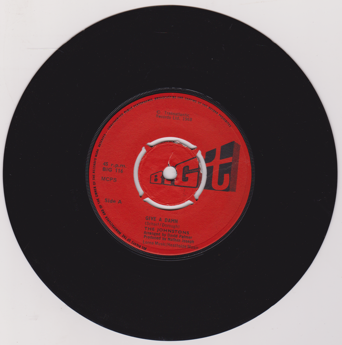 The Johnstons – Give A Damn (Big T 1968) 7" vinyl single G+/-
