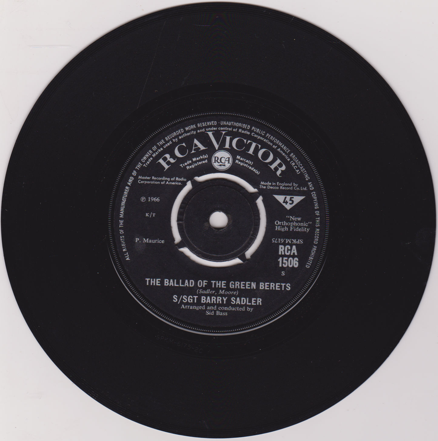S/Sgt Barry Sadler – The Ballad Of The Green Berets (RCA 1966) 7" vinyl single VG/-