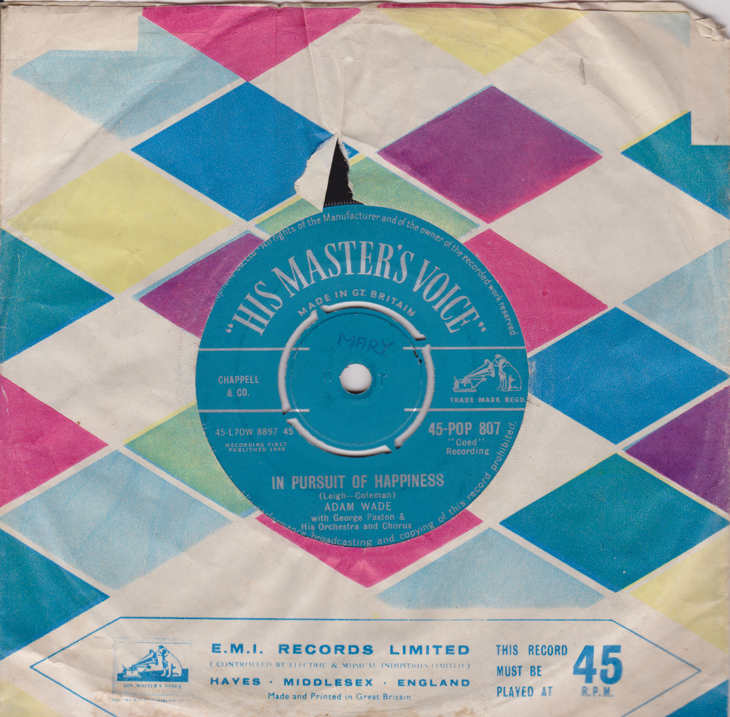 Adam Wade – In Pursuit Of Happiness (HMV 1960) 7" vinyl single VG/VG