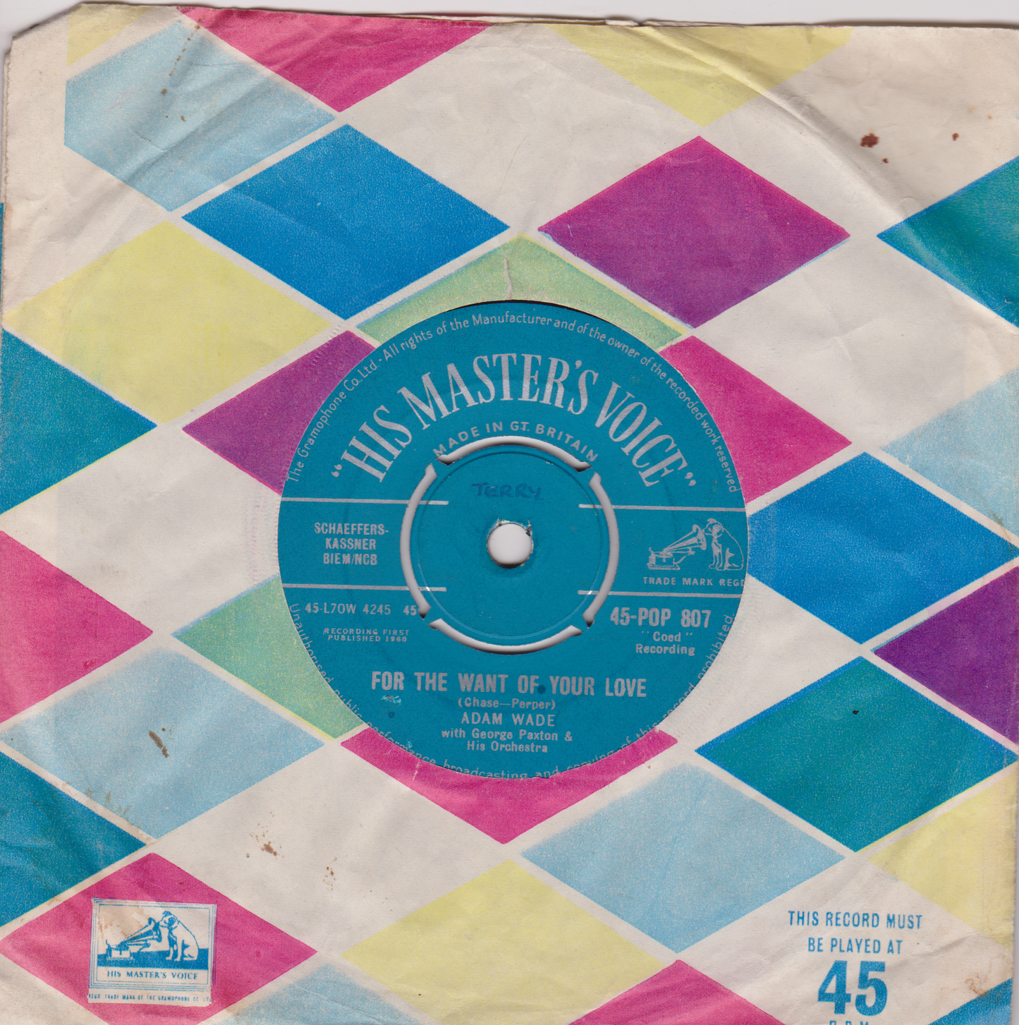 Adam Wade – In Pursuit Of Happiness (HMV 1960) 7" vinyl single VG/VG