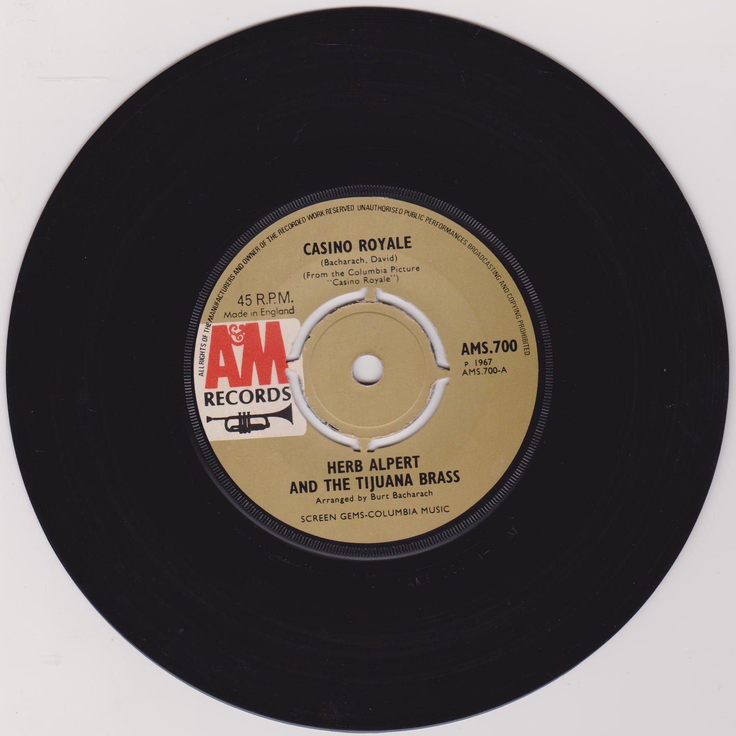 Herb Alpert And The Tijuana Brass – Casino Royale (A&M 1967) 7" vinyl single VG/-
