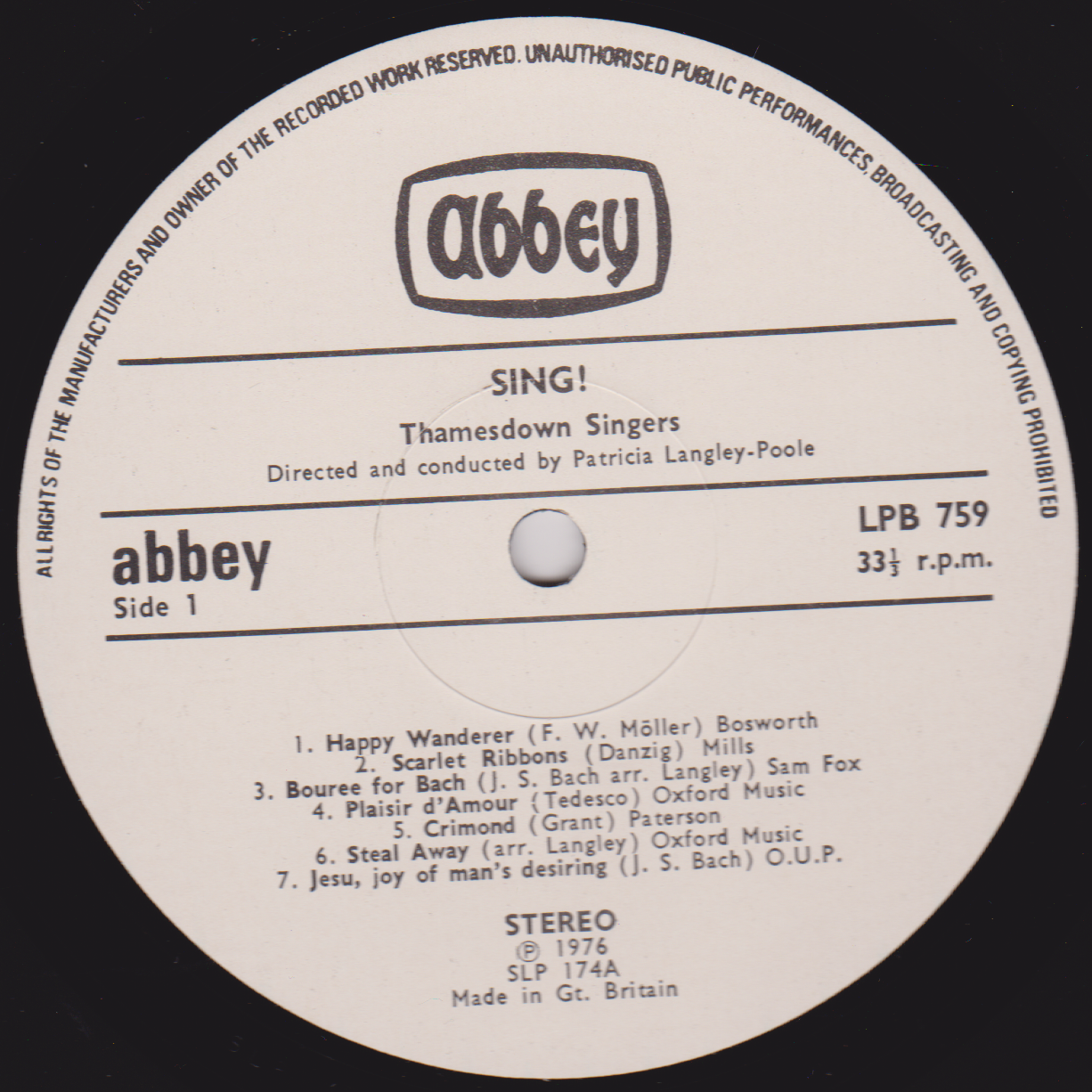 Sing! - The Thamesdown Singers (Abbey 1976) 12" vinyl LP VG/VG