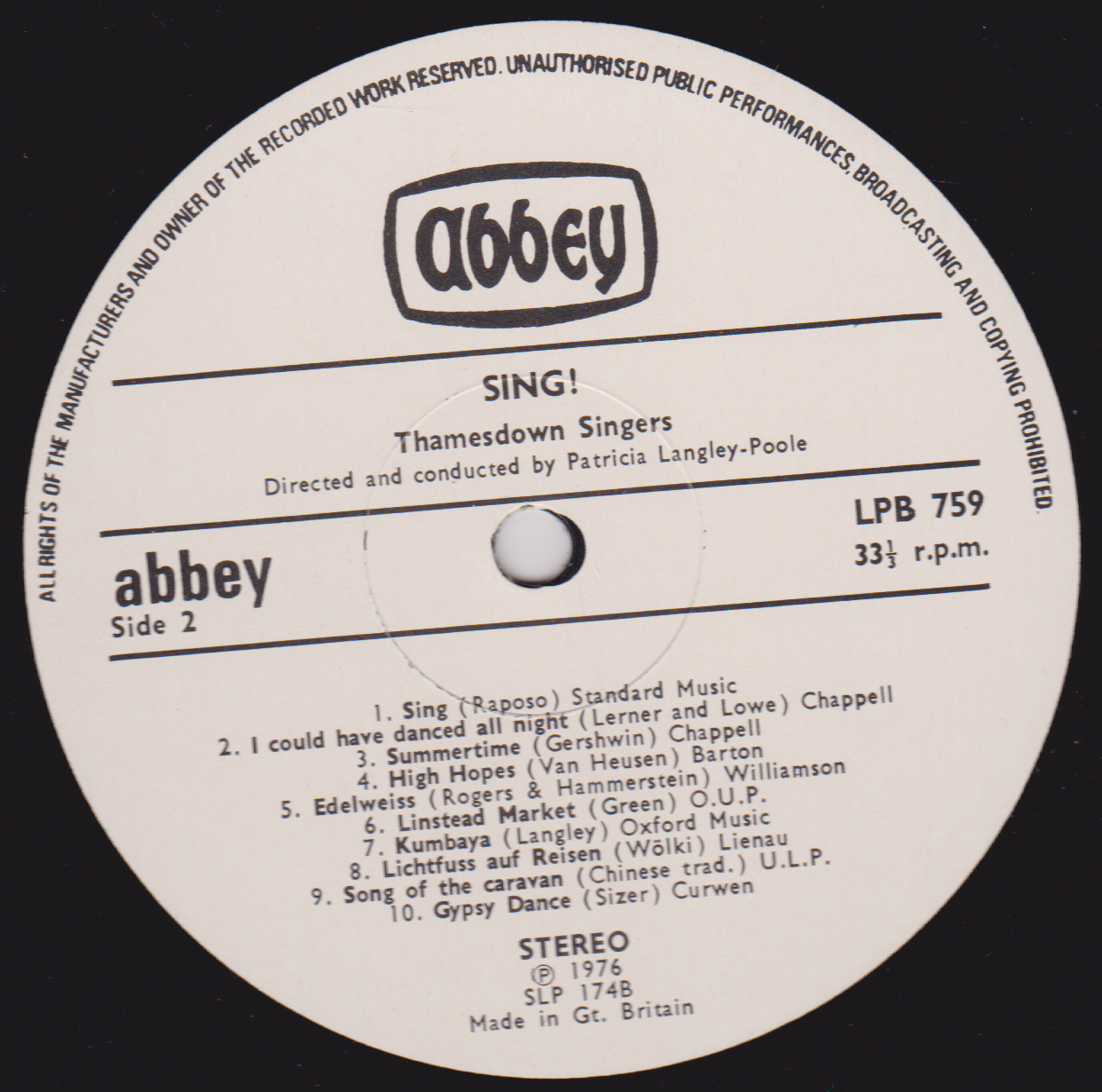 Sing! - The Thamesdown Singers (Abbey 1976) 12" vinyl LP VG/VG