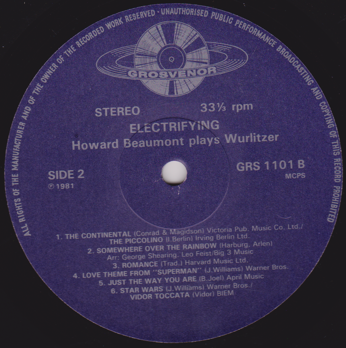 Howard Beaumont – The Electrifying Howard Beaumont Plays Wurlitzer (Grosvenor 1981) 12" vinyl LP VG/VG