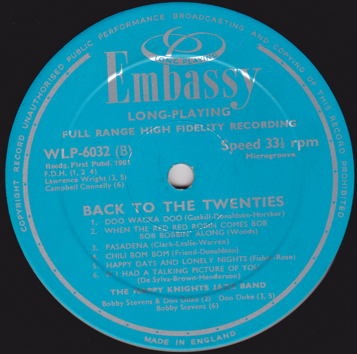 Don Duke, Bobby Stevens, The Happy Knights Jazz Band – Back To The Twenties (Embassy 1961) 12" vinyl LP VG/VG