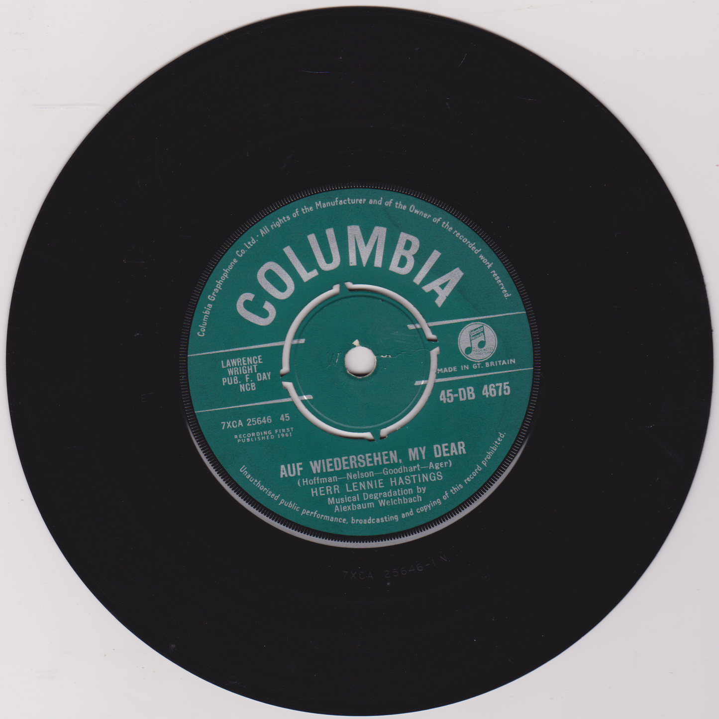 Herr Lennie Hastings – One, Two, Drink Up (Columbia) 7" vinyl single VG/-