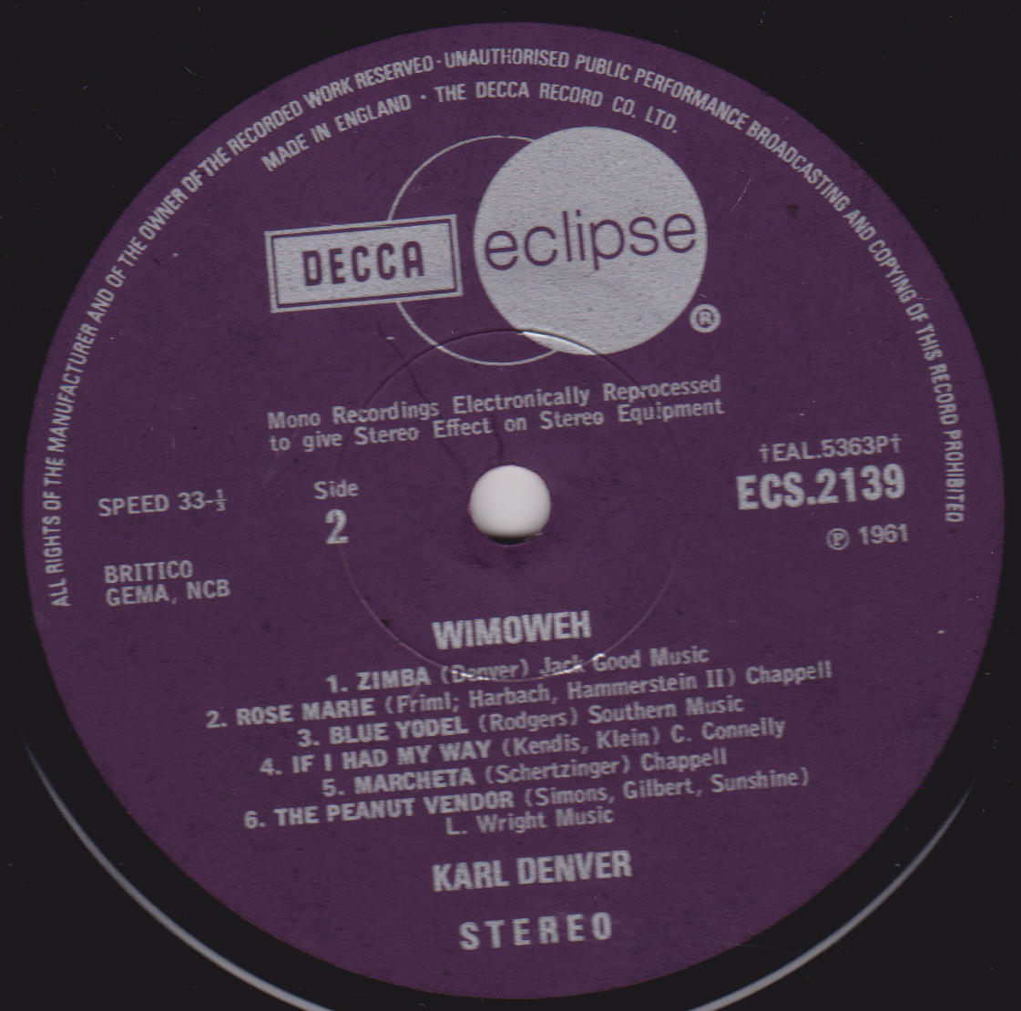 Karl Denver – Wimoweh (Decca Eclipse 1974) 12" vinyl LP VG/VG