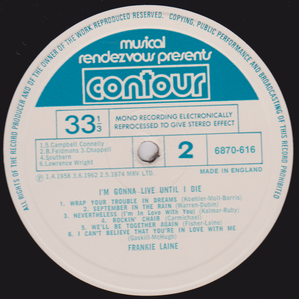 Frankie Laine – I'm Gonna Live 'Til I Die (Contour 1974) 12" vinyl LP VG/VG