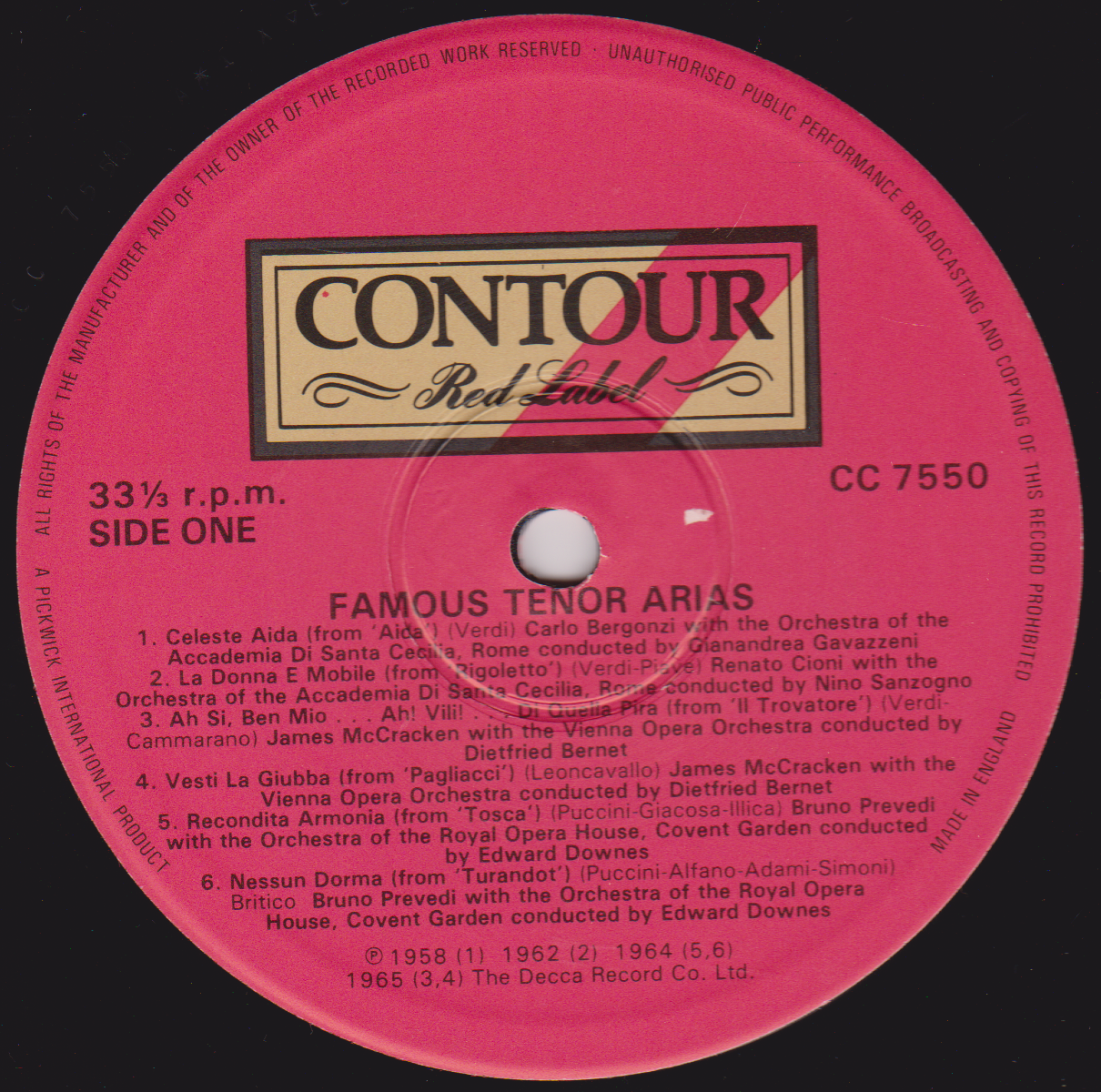 Various – Famous Tenor Arias (Contour 1981) 12" vinyl LP VG/VG