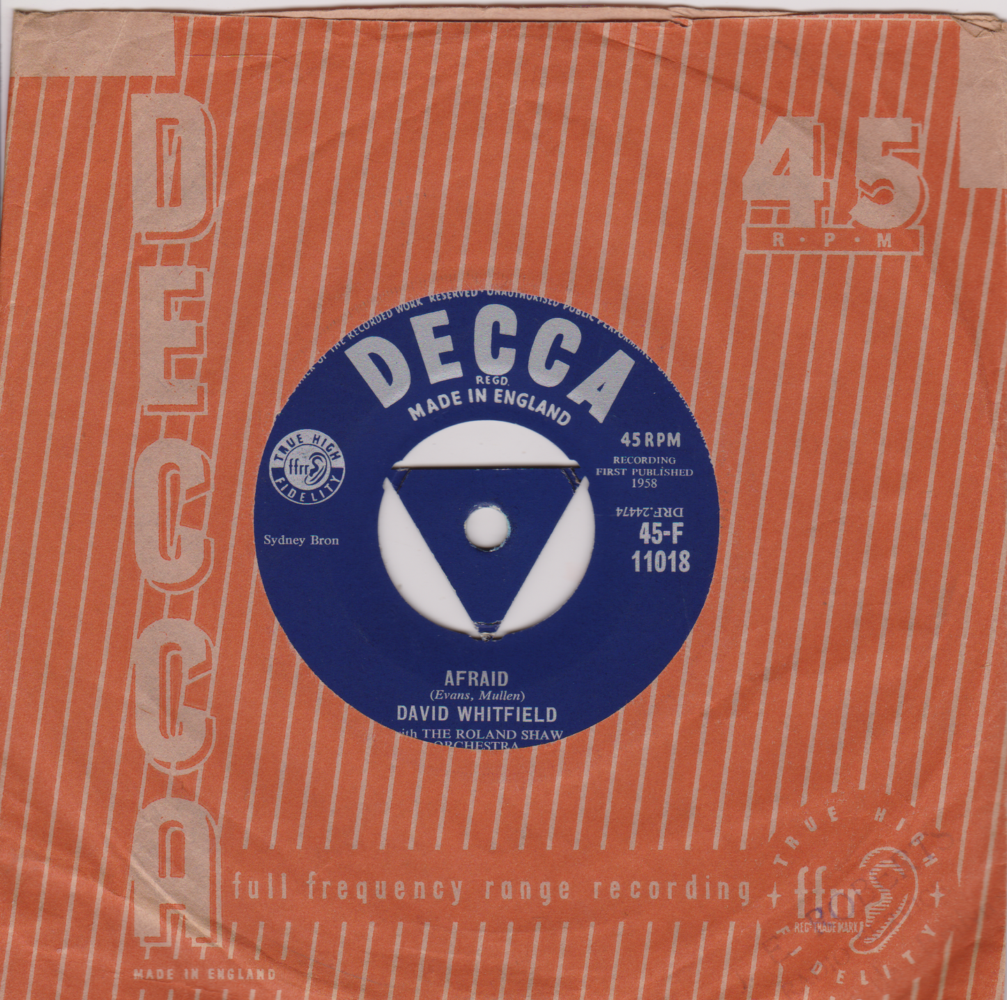 David Whitfield – On The Street Where You Live (Decca 1958) 7" vinyl single VG/VG