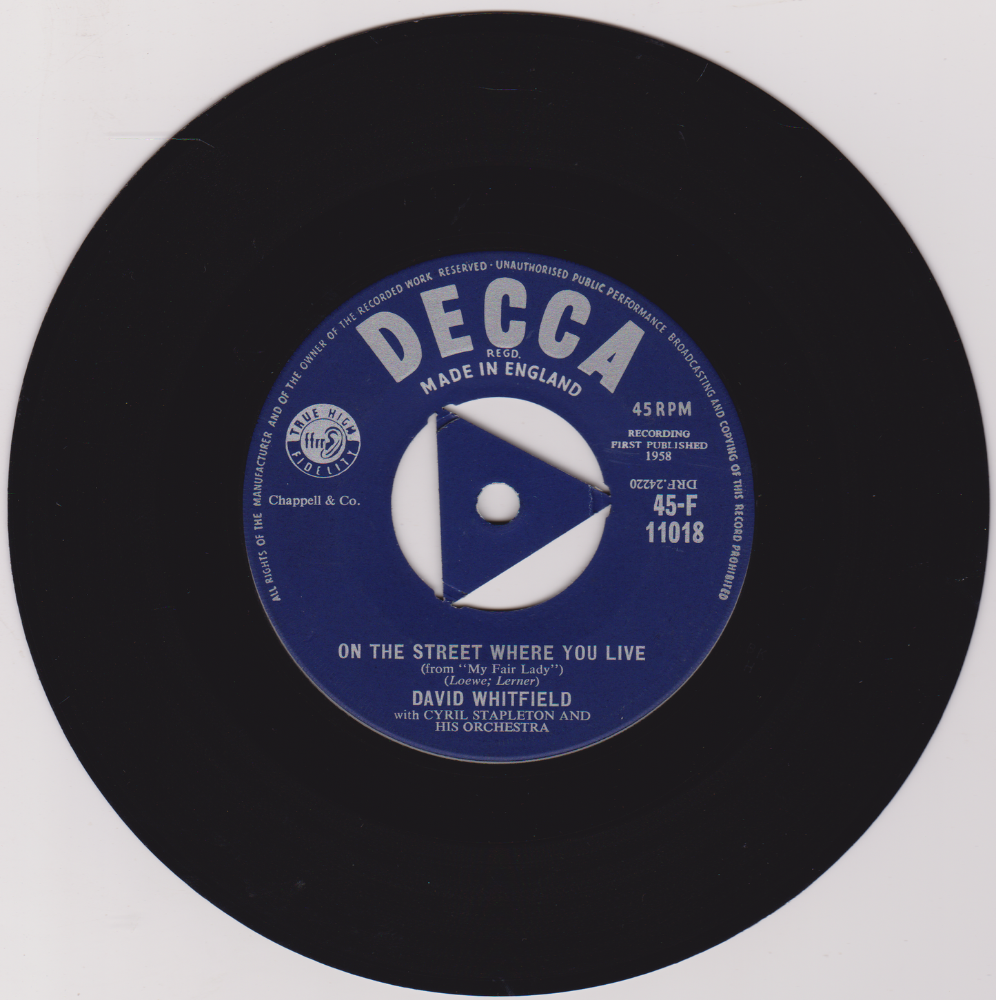 David Whitfield – On The Street Where You Live (Decca 1958) 7" vinyl single VG/VG