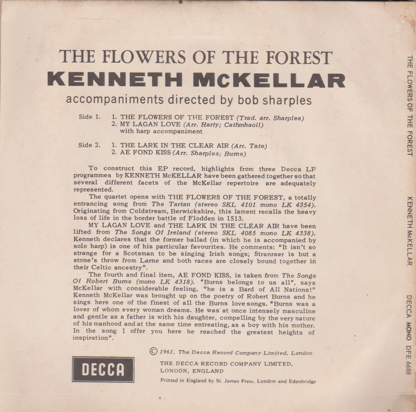 Kenneth McKellar - Flowers Of The Forest (Decca 1961) 7" vinyl EP VG/G