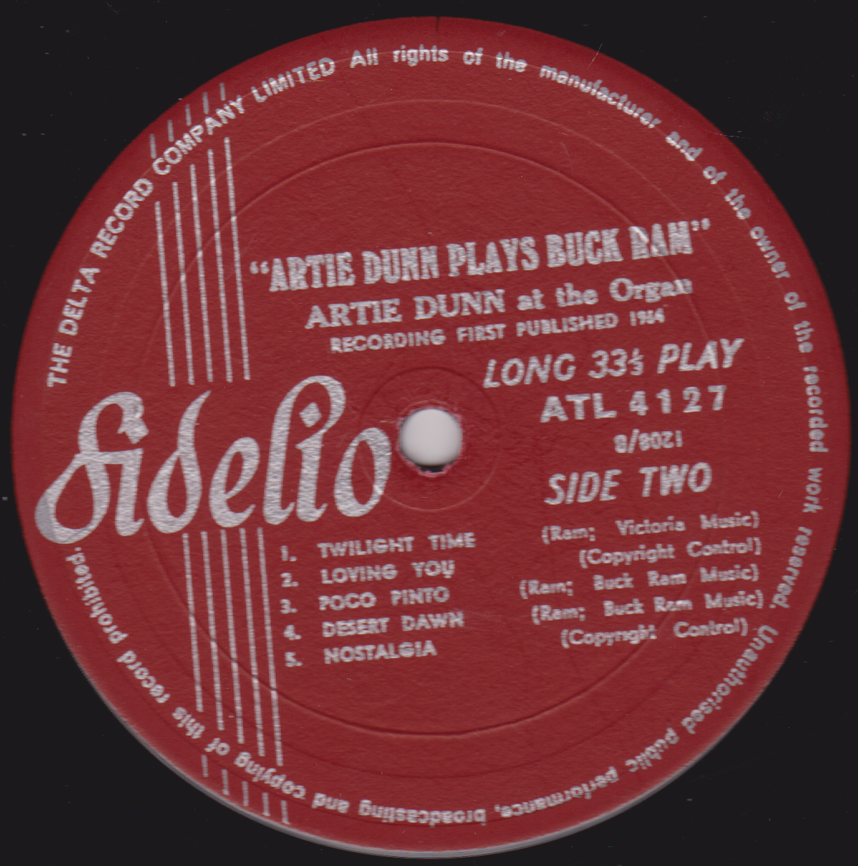 Artie Dunn – Artie Dunn At The Organ Plays Buck Ram (Summit 1964) 12" vinyl LP VG/VG