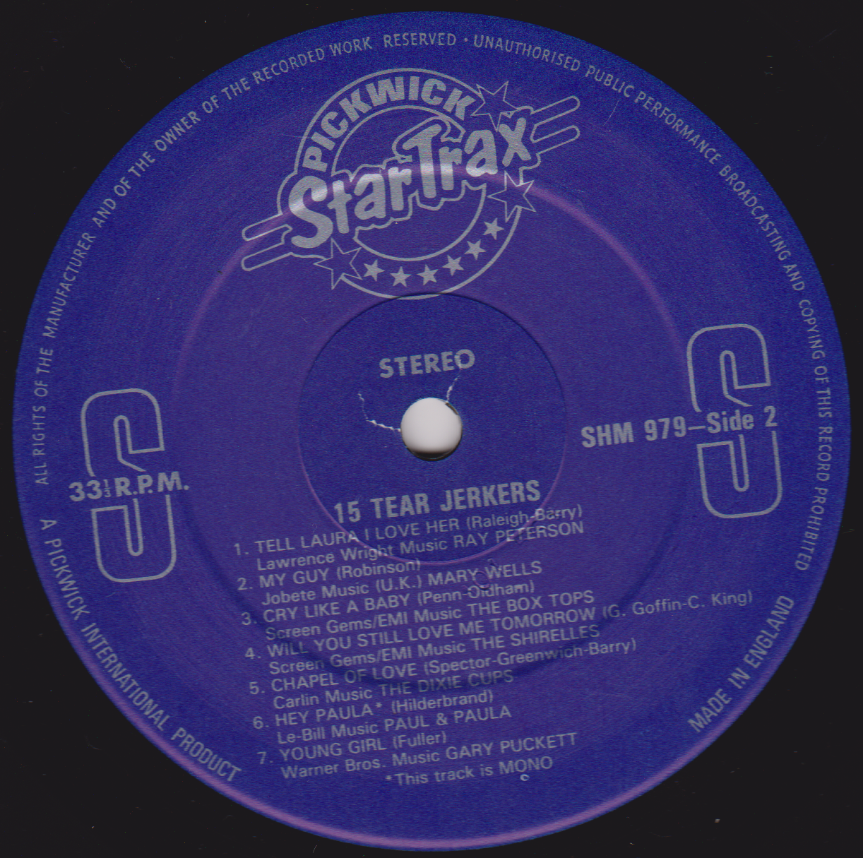 Various – 15 Tear Jerkers (Pickwick 1979) 12" vinyl LP VG/VG compilation