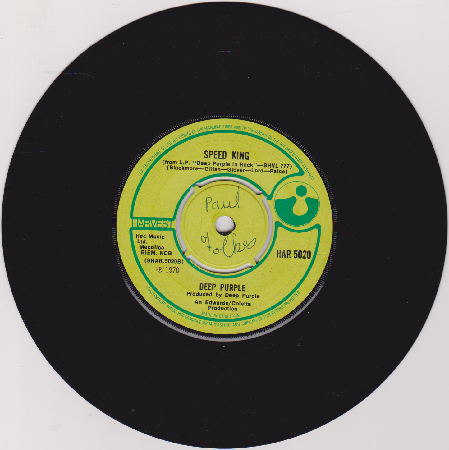 Deep Purple – Black Night (Harvest 1970) 7" vinyl single G+/-