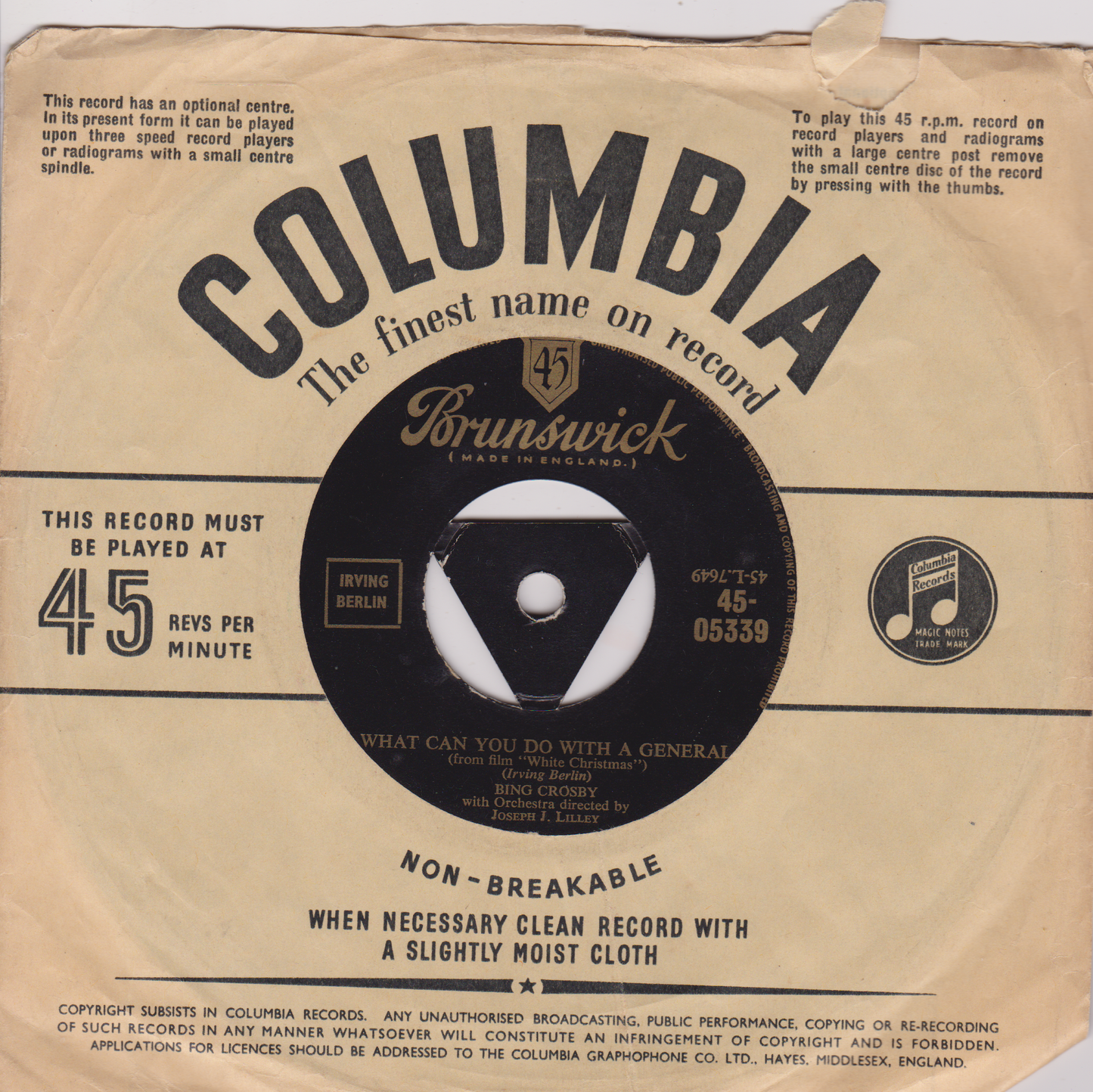 Bing Crosby – What Can You Do With A General (Brunswick) 7" vinyl single VG/-