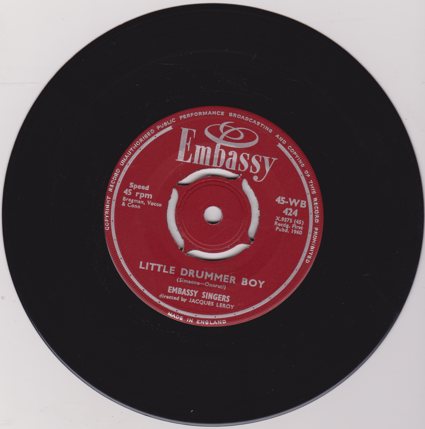 Embassy Singers – Little Donkey / Little Drummer Boy (Embassy 1960) 7" vinyl single VG/VG