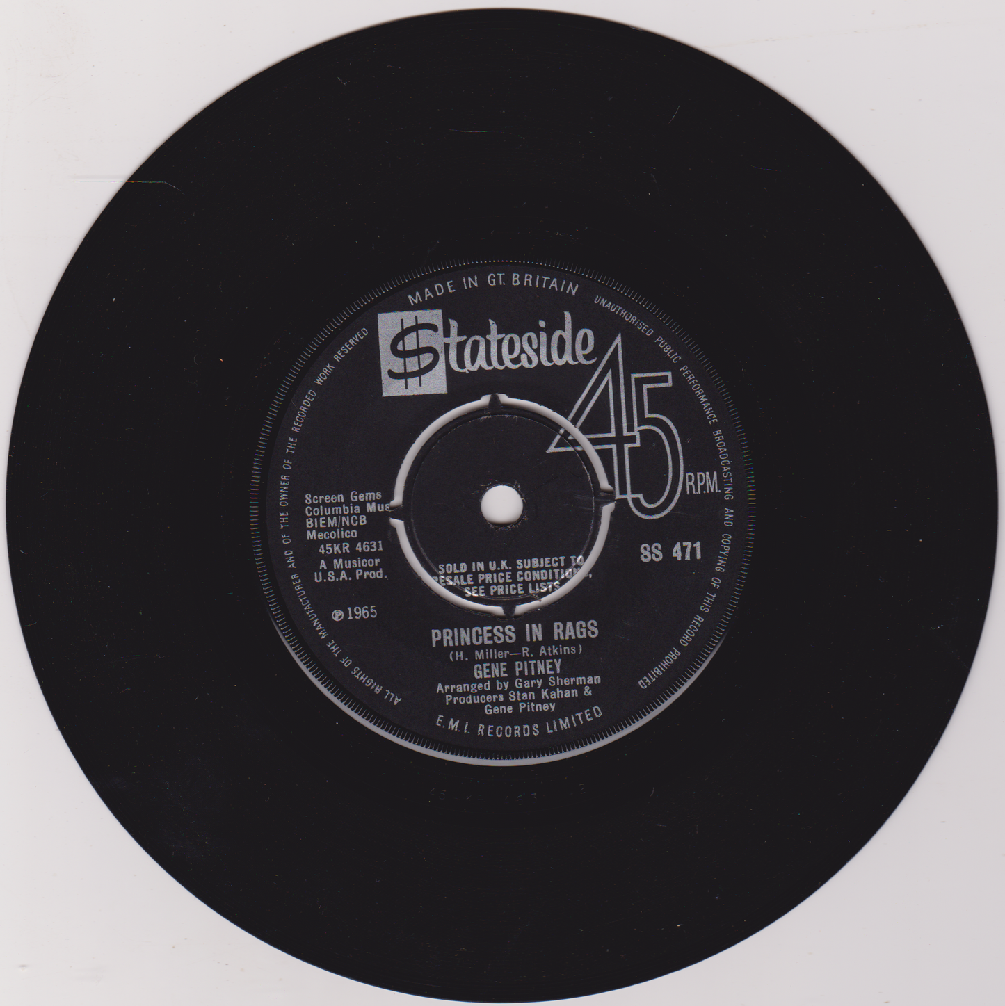 Gene Pitney – Princess In Rags (Stateside, 1965) 7" vinyl single VG/-