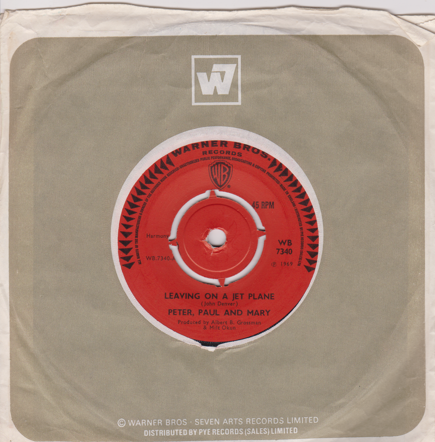 Peter Paul and Mary – Leaving On A Jet Plane (Warner Bros 1969) 7” vinyl VG/VG