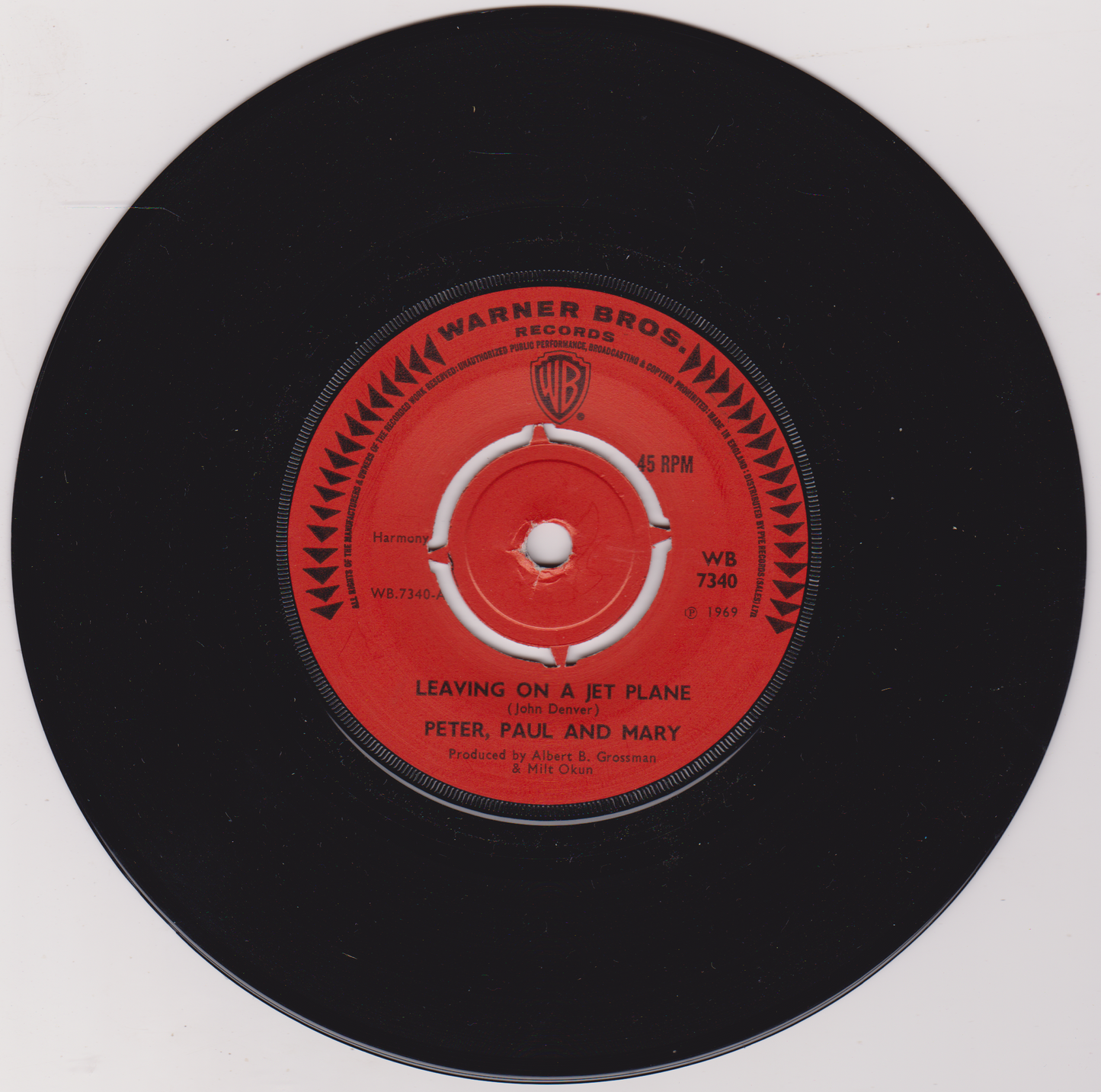 Peter Paul and Mary – Leaving On A Jet Plane (Warner Bros 1969) 7” vinyl VG/VG
