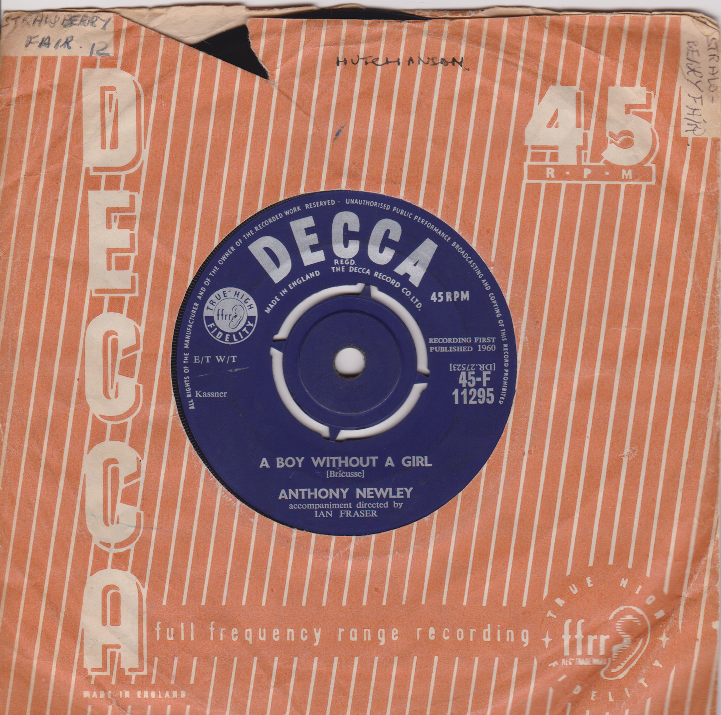 Anthony Newley - Strawberry Fair (Decca 1960) 7" vinyl single VG/VG