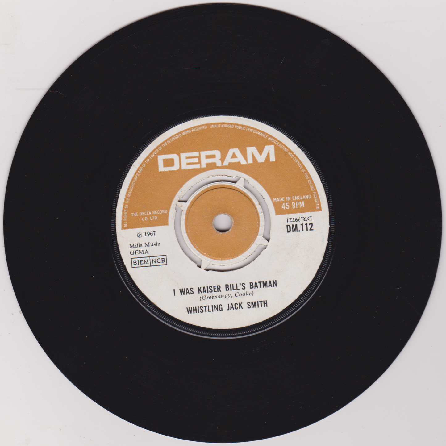 Whistling Jack Smith – I Was Kaiser Bill's Batman (Deram 1967) 7" vinyl single G+/-