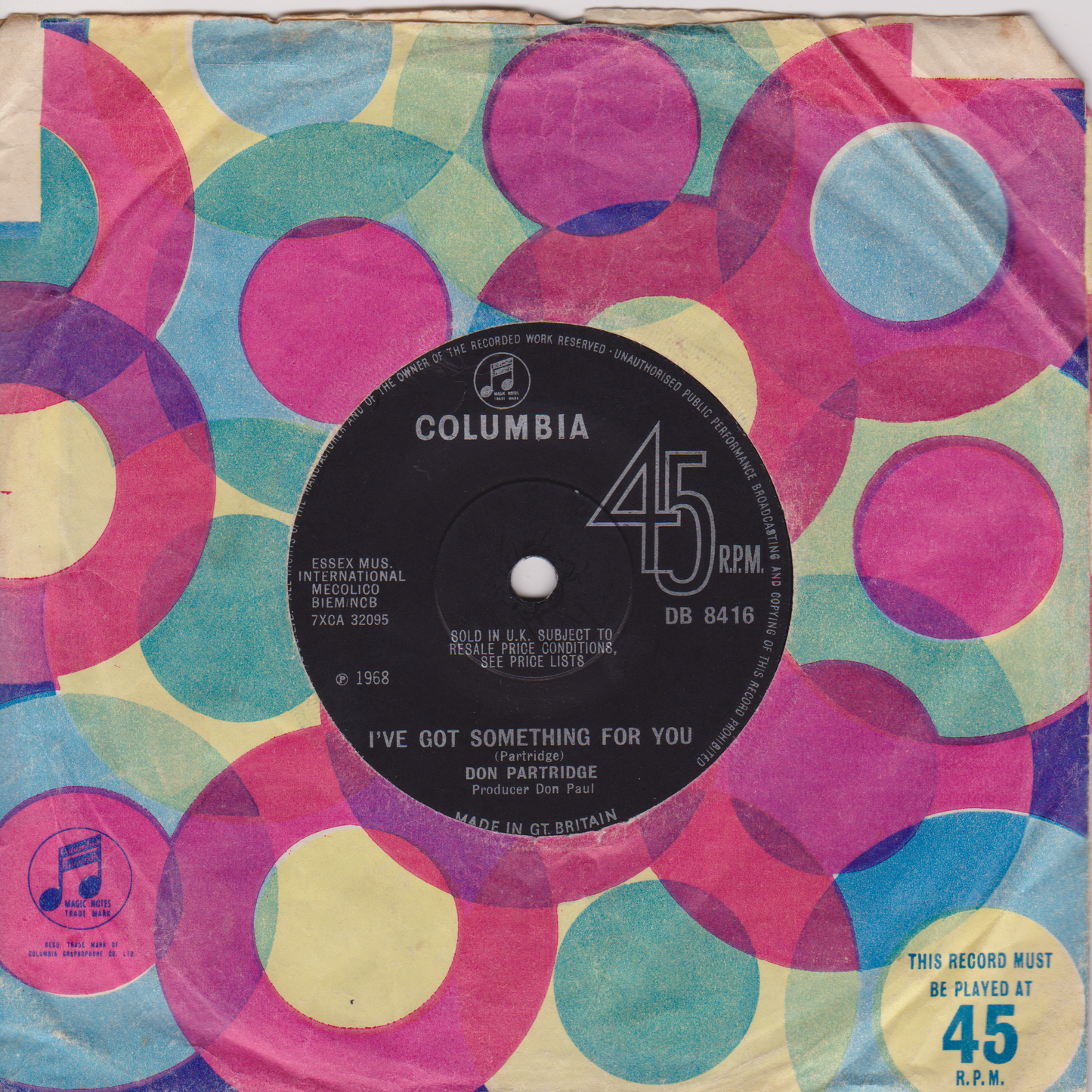 Don Partridge – Blue Eyes (Columbia 1968) 7" vinyl single VG/VG