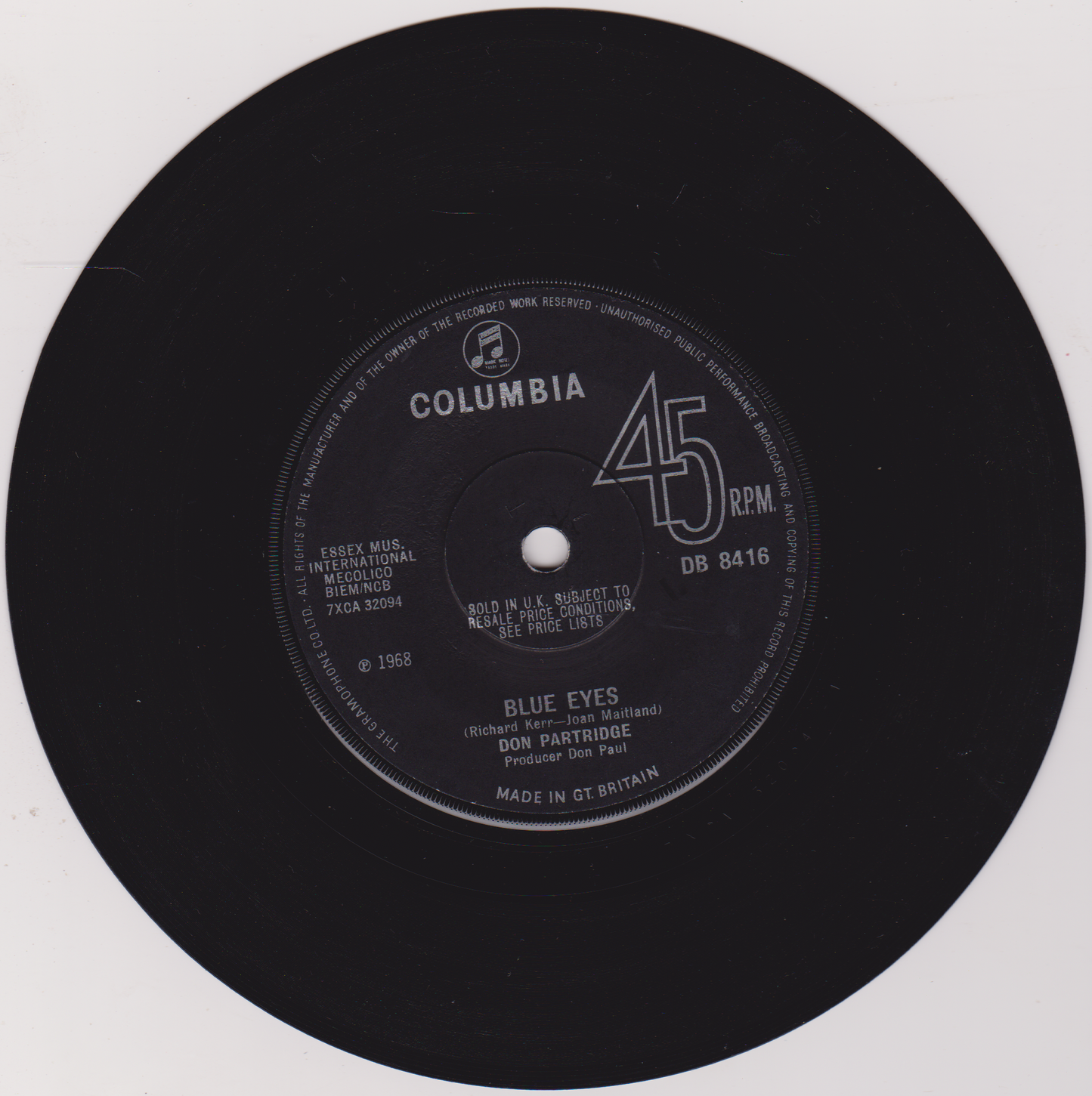 Don Partridge – Blue Eyes (Columbia 1968) 7" vinyl single VG/VG