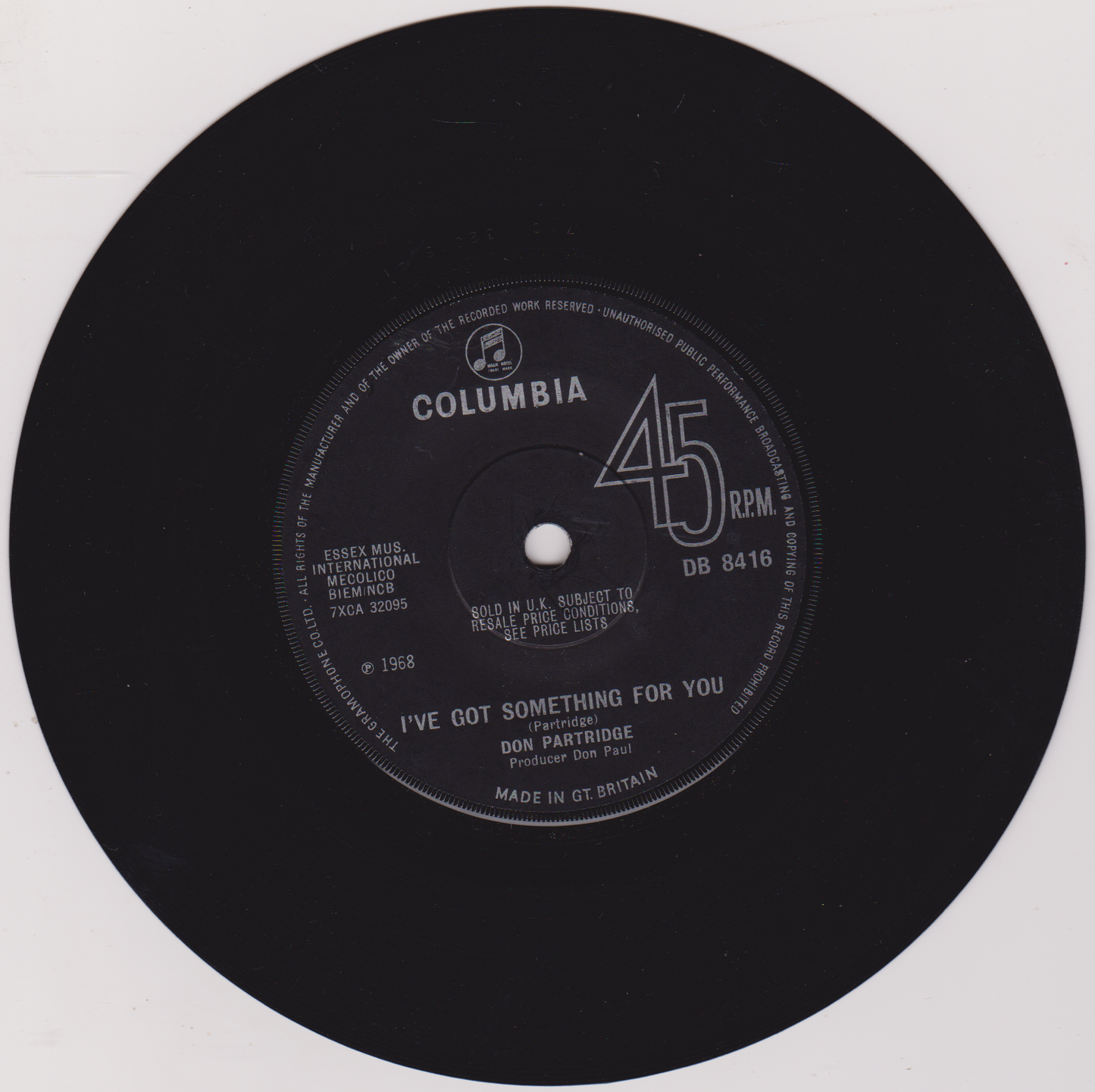 Don Partridge – Blue Eyes (Columbia 1968) 7" vinyl single VG/VG