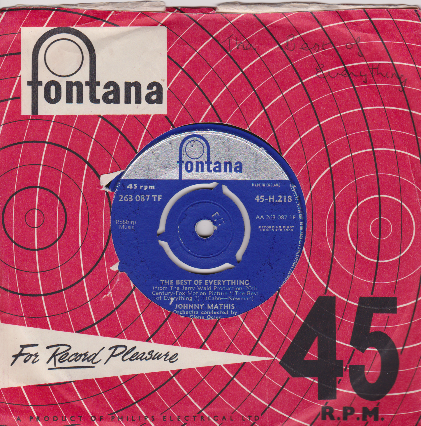 Johnny Mathis – The Best Of Everything (Fontana 1959) 7" vinyl single VG/VG