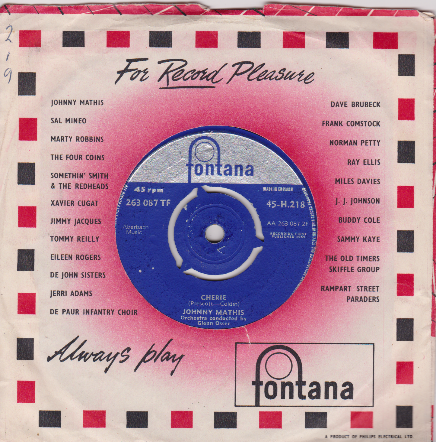 Johnny Mathis – The Best Of Everything (Fontana 1959) 7" vinyl single VG/VG