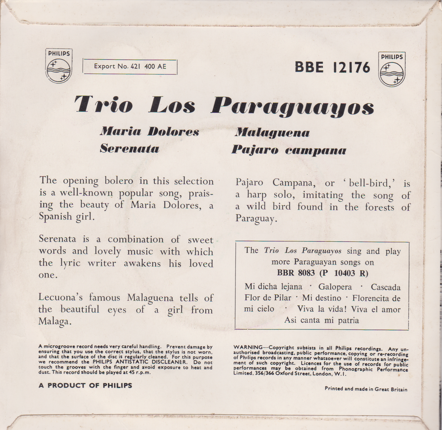 Trio Los Paraguayos – Maria Dolores (Philips) 7" vinyl EP VG/VG