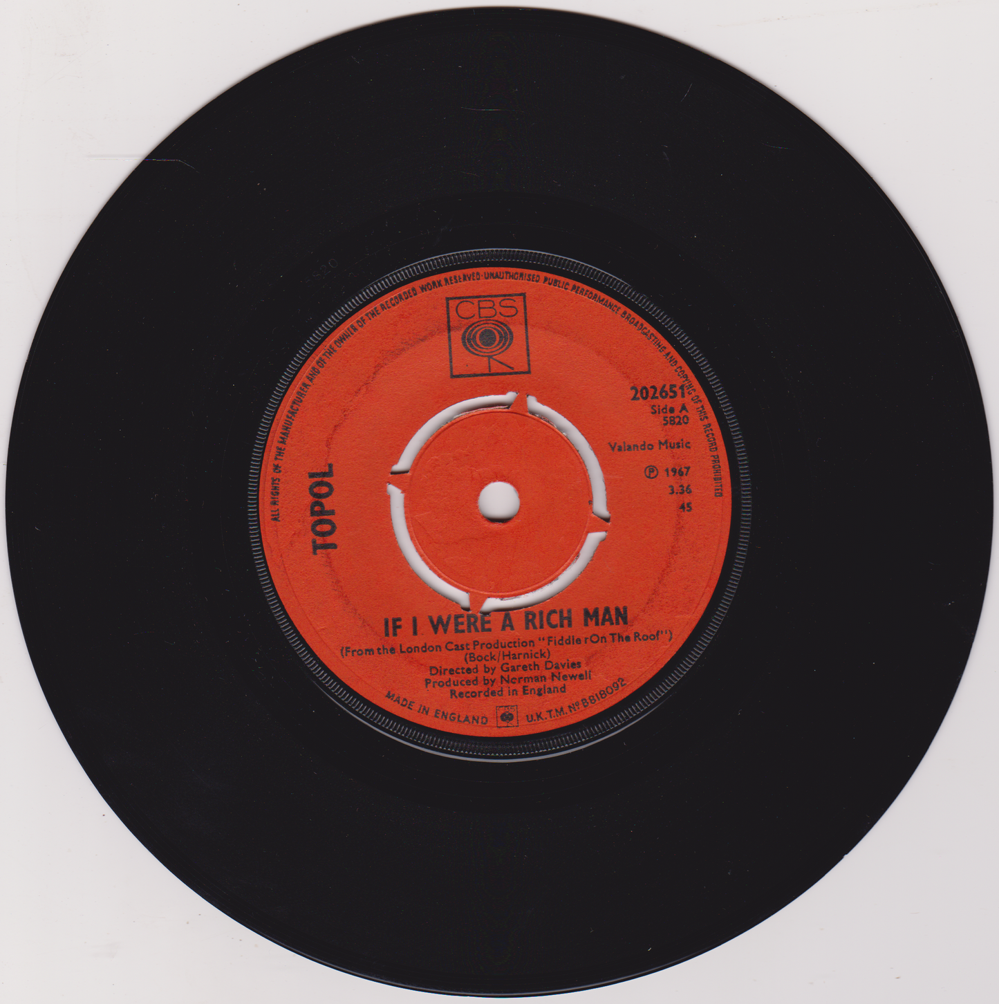 Topol – If I Were A Rich Man (CBS 1967) 7" vinyl single VG/VG