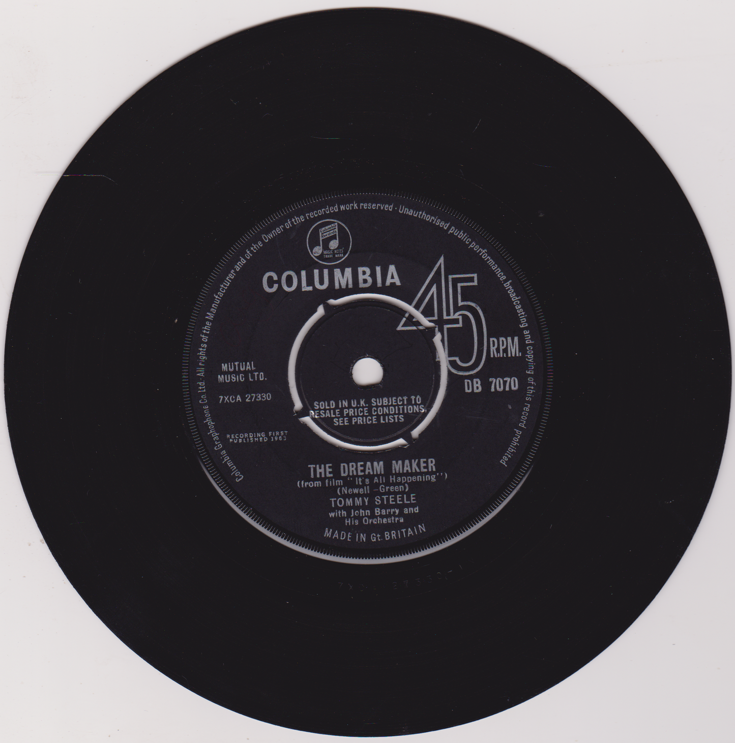 Tommy Steele With John Barry And His Orchestra – The Dream Maker (Columbia 1963) 7" vinyl single VG/-
