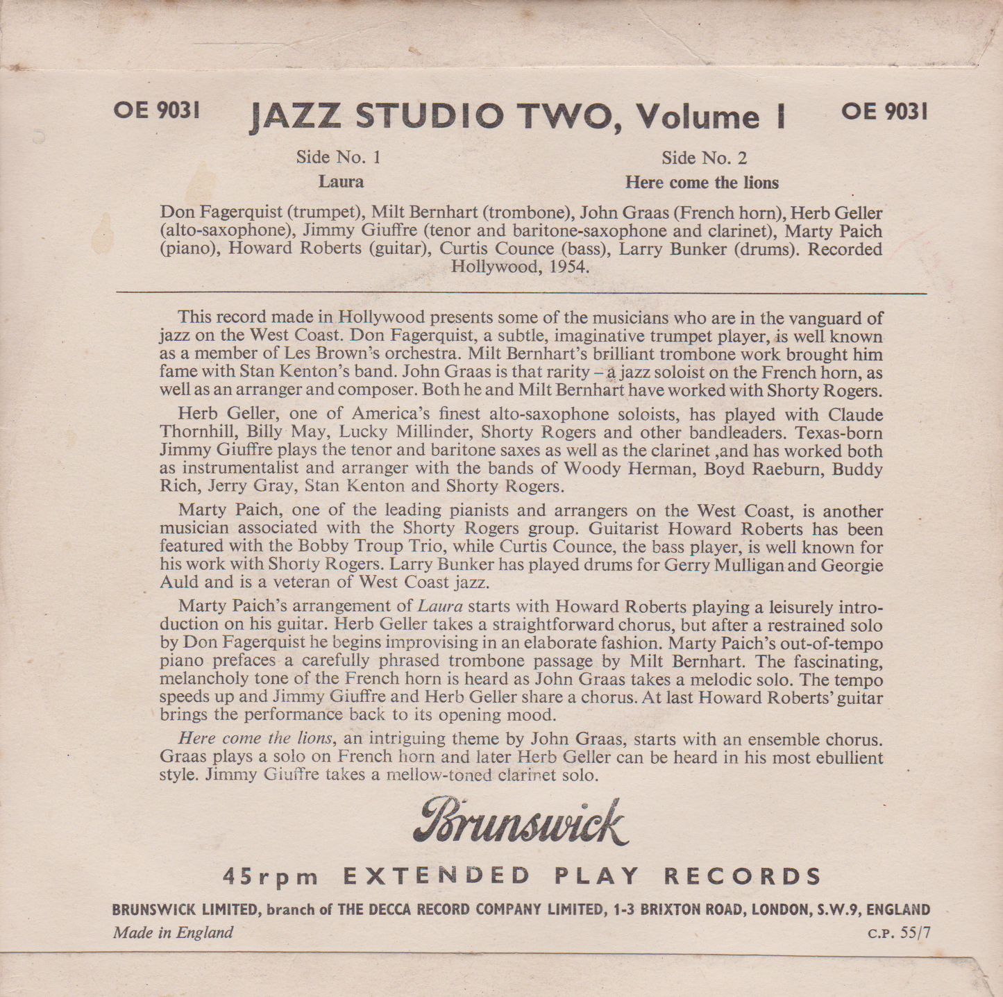 Geller, Bernhart, Graas, Fagerquist, Paich, Roberts, Counce, Bunker, Giuffre - Jazz Studio Two - Volume 1 7" vinyl EP VG/VG