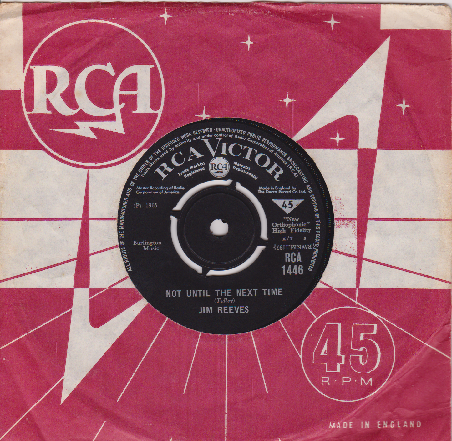 Jim Reeves – Not Until The Next Time (RCA 1965) 7" vinyl single VG/VG