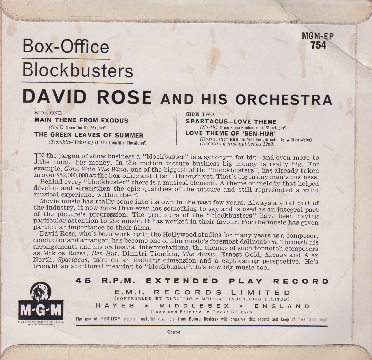 David Rose & His Orchestra – Box-Office Blockbusters (MGM 1961) 7" vinyl EP VG/VG