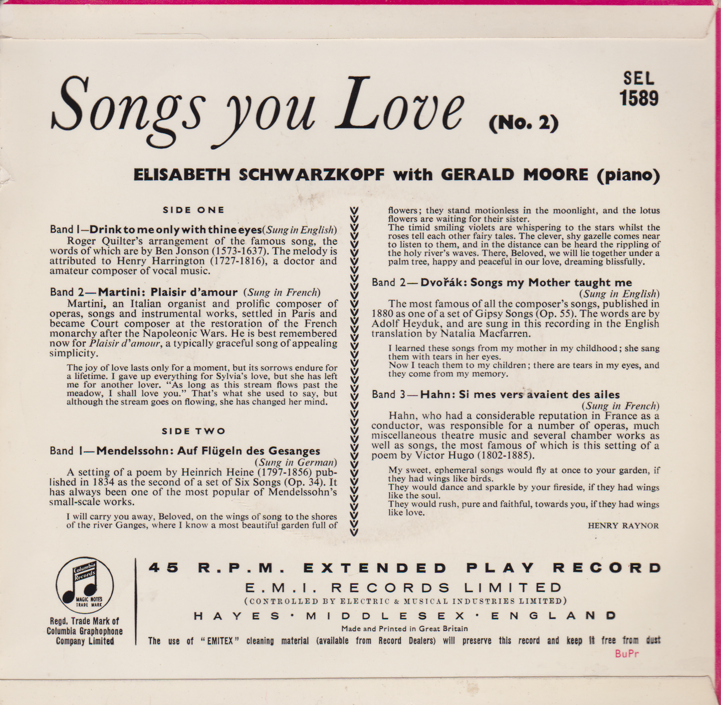Elisabeth Schwarzkopf, Gerald Moore – Songs You Love (No. 2) 7" vinyl EP VG/VG