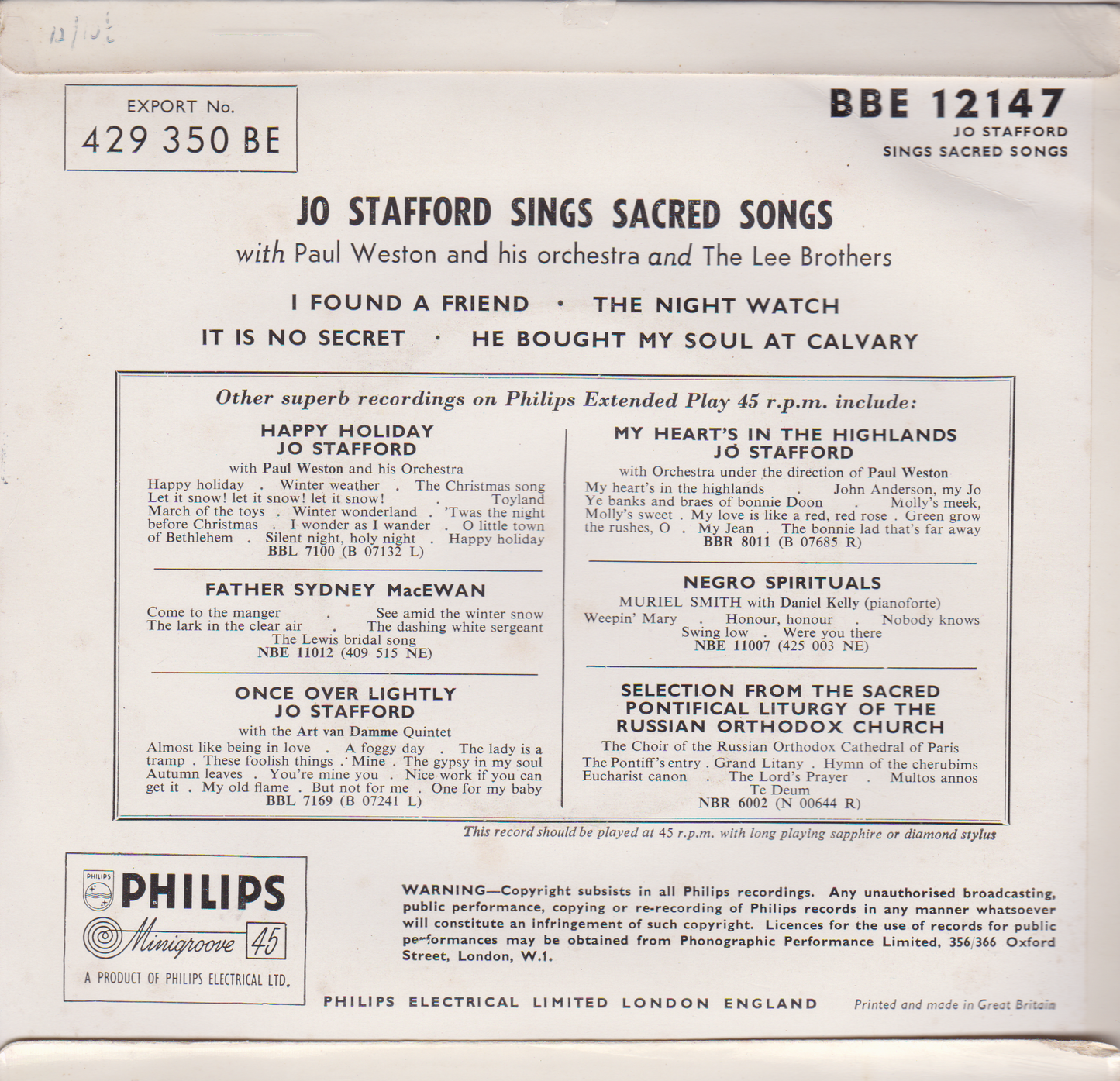 Jo Stafford – Jo Stafford Sings Sacred Songs (No. 1) (Philips 1959) 7" vinyl EP VG/VG