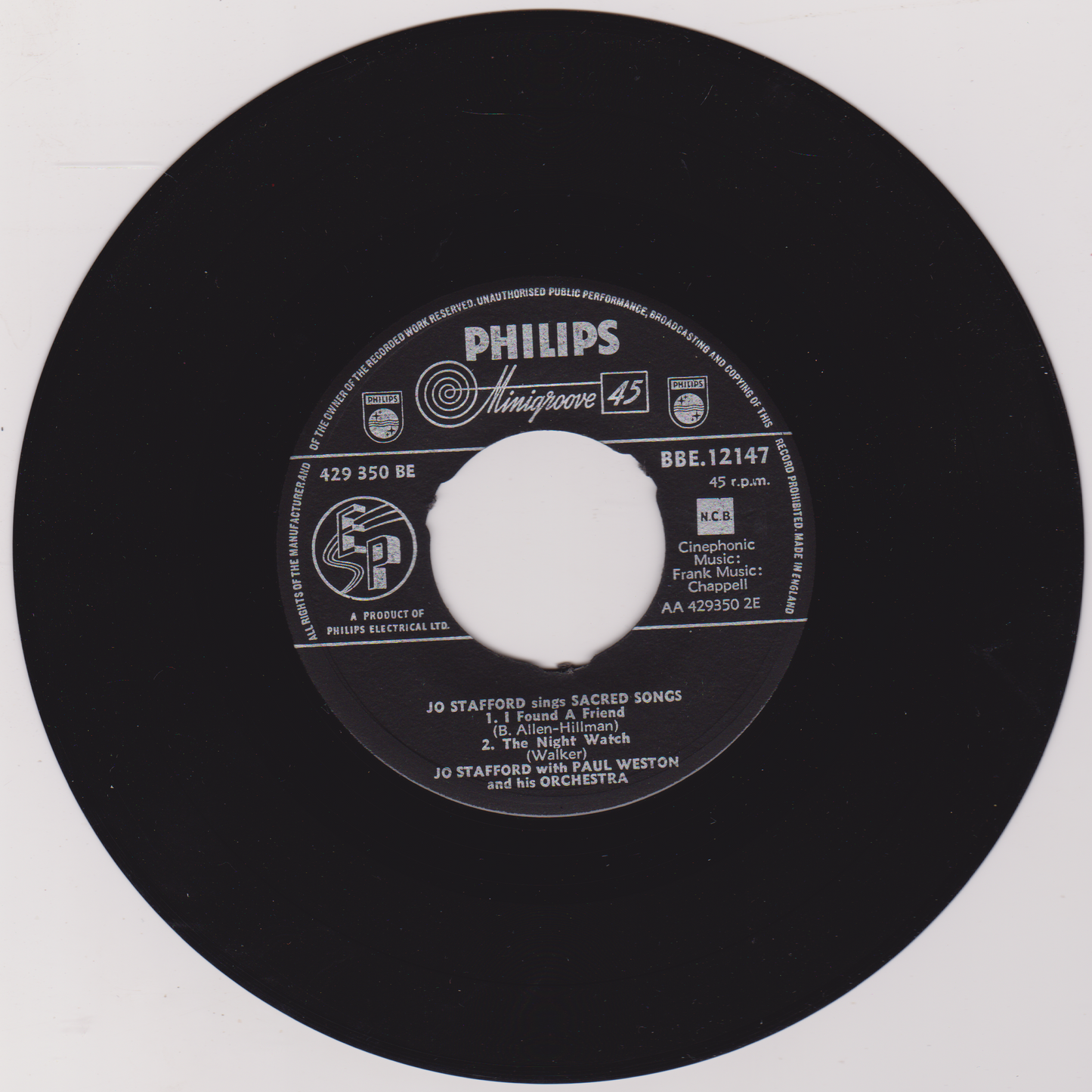 Jo Stafford – Jo Stafford Sings Sacred Songs (No. 1) (Philips 1959) 7" vinyl EP VG/VG