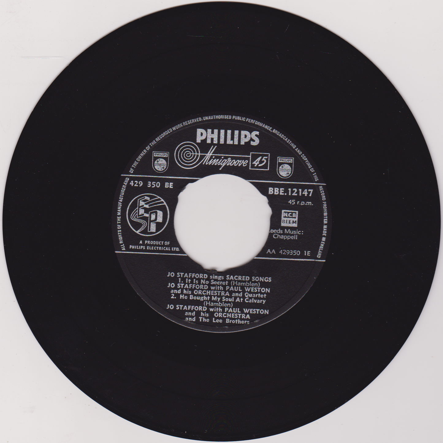 Jo Stafford – Jo Stafford Sings Sacred Songs (No. 1) (Philips 1959) 7" vinyl EP VG/VG
