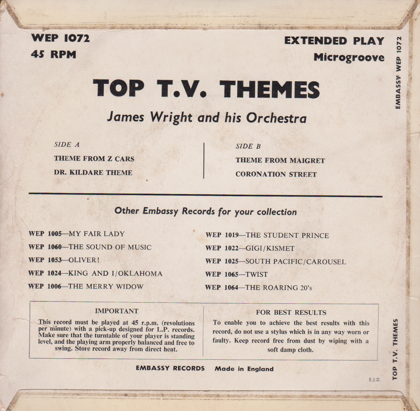 James Wright & His Orchestra – Top T.V. Themes (Embassy 1962) 7" vinyl EP VG/VG