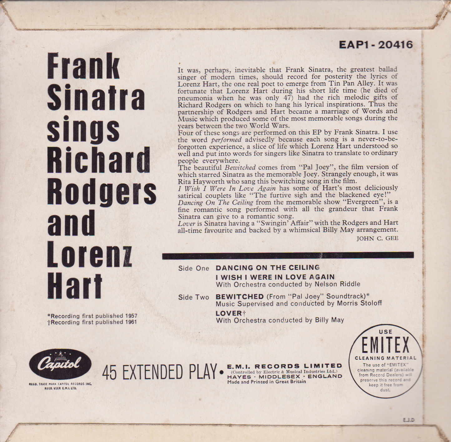 Frank Sinatra – Frank Sinatra Sings Rodgers And Hart (Capitol 1961) 7" vinyl EP VG/VG