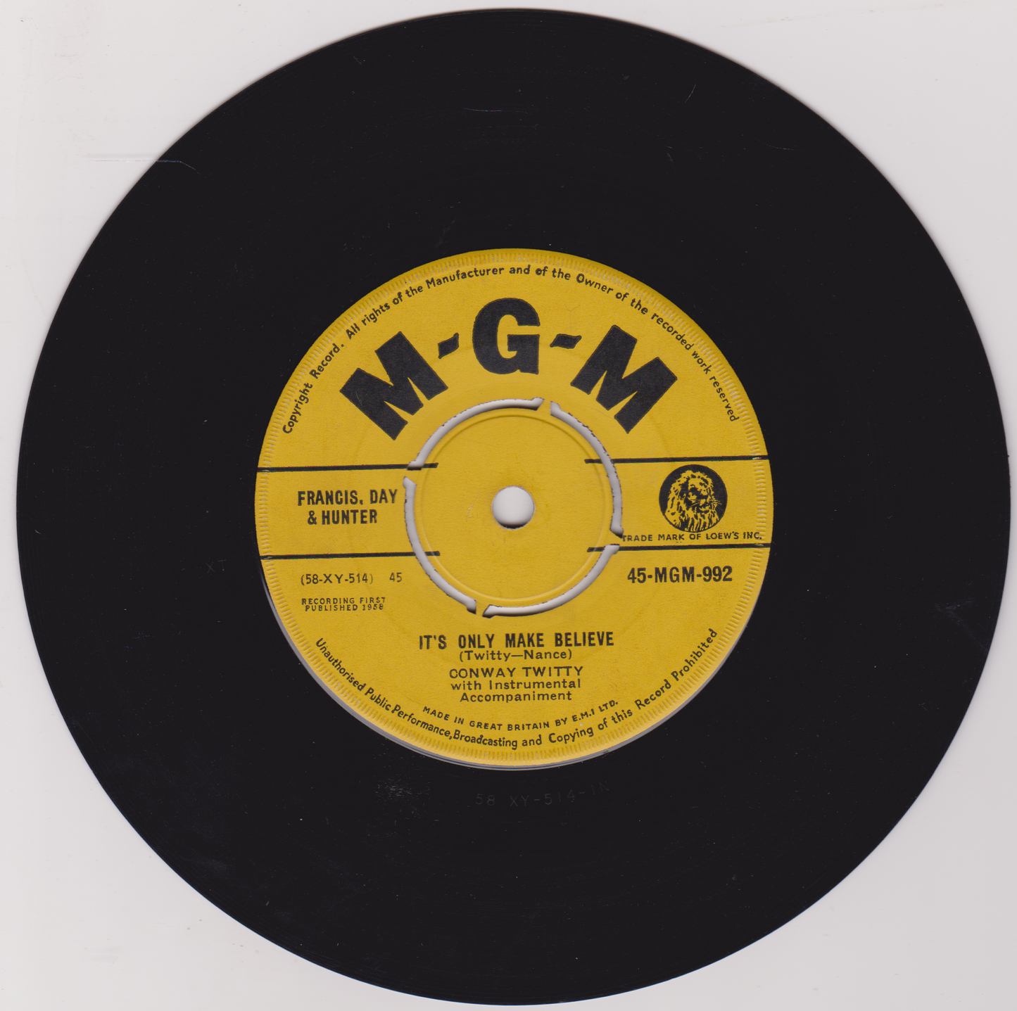Conway Twitty – It's Only Make Believe (MGM 1958) 7" vinyl single VG/-