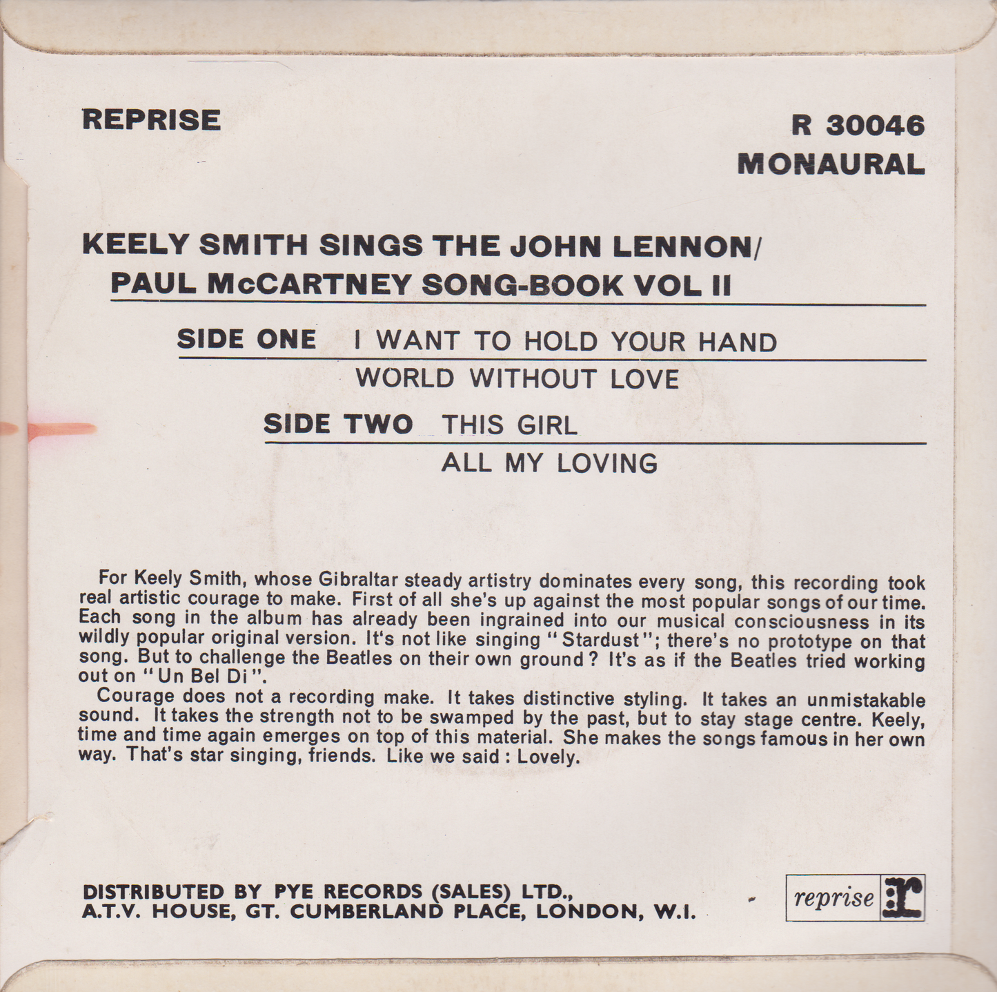 Keely Smith – Sings The John Lennon-Paul McCartney Songbook Volume 2 7" vinyl EP VG/VG