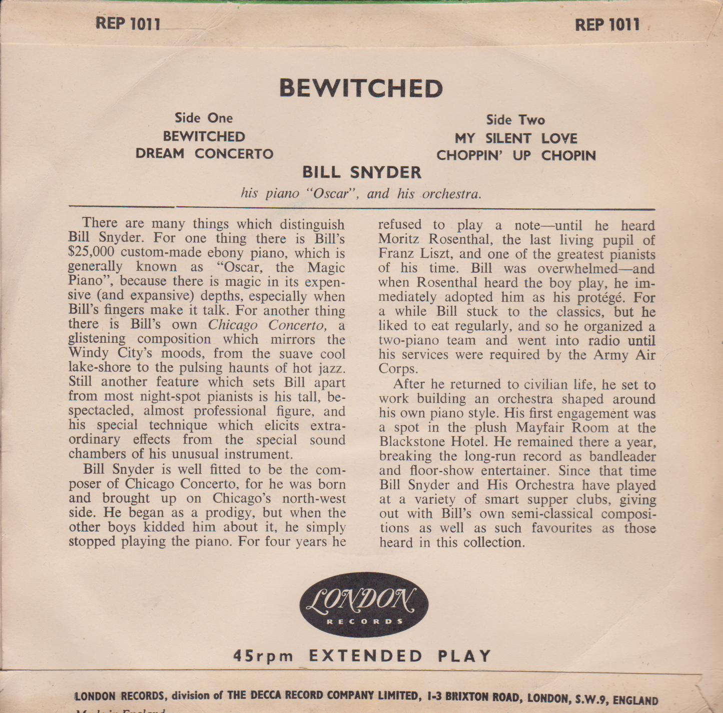 Bill Snyder, His Piano "Oscar," And His Orchestra – Bewitched (London) 7" vinyl EP VG/VG